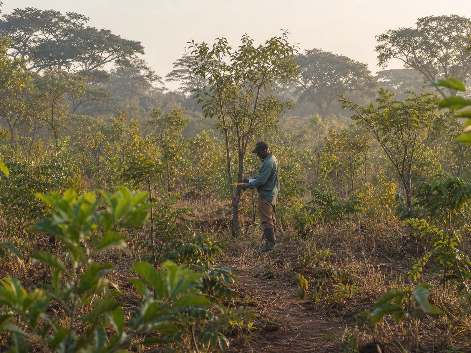 Field technician working among young agroforestry rows on a Zimbabwean farm