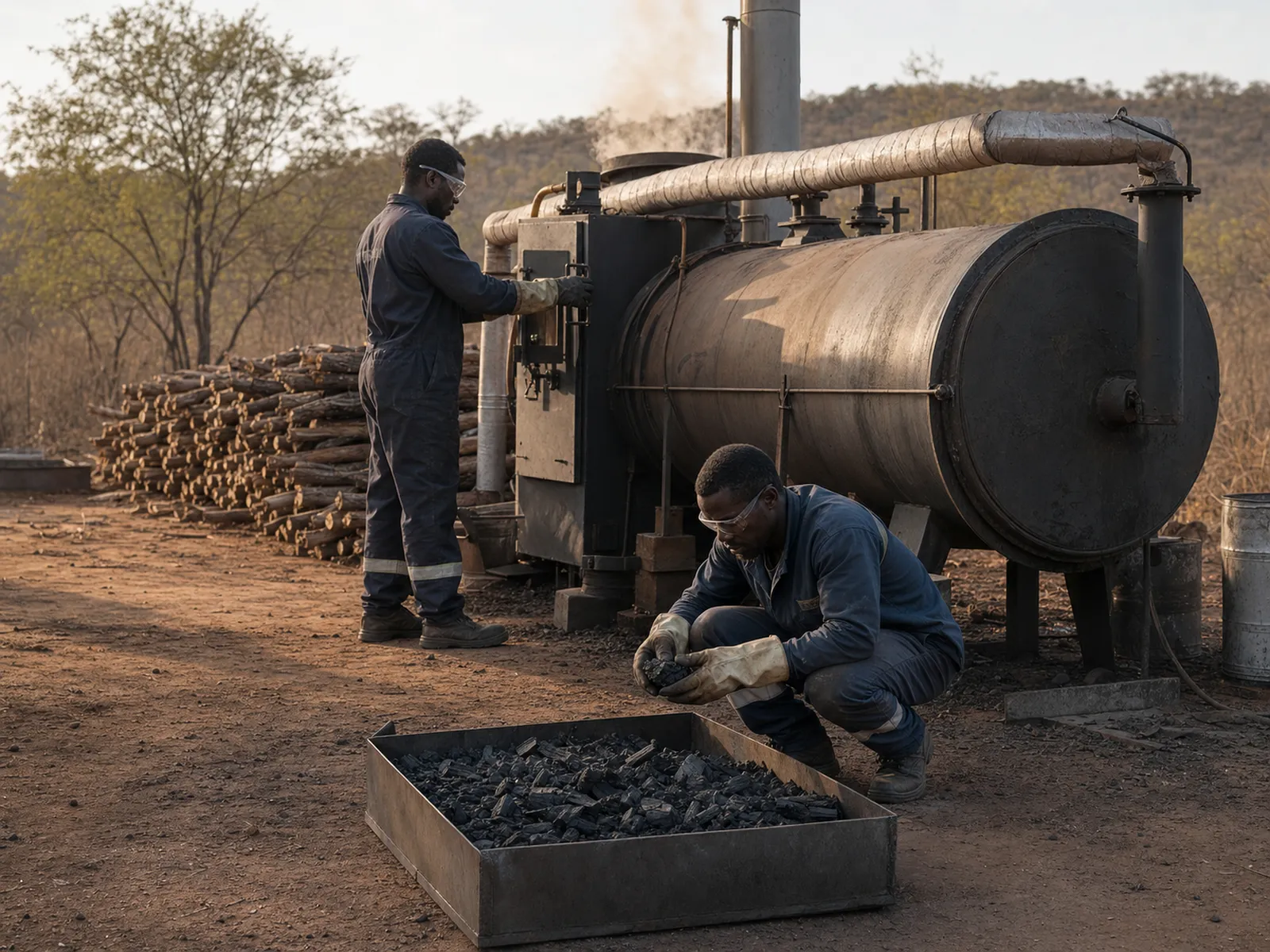 Workers operating a biochar production system on a farm in Zimbabwe