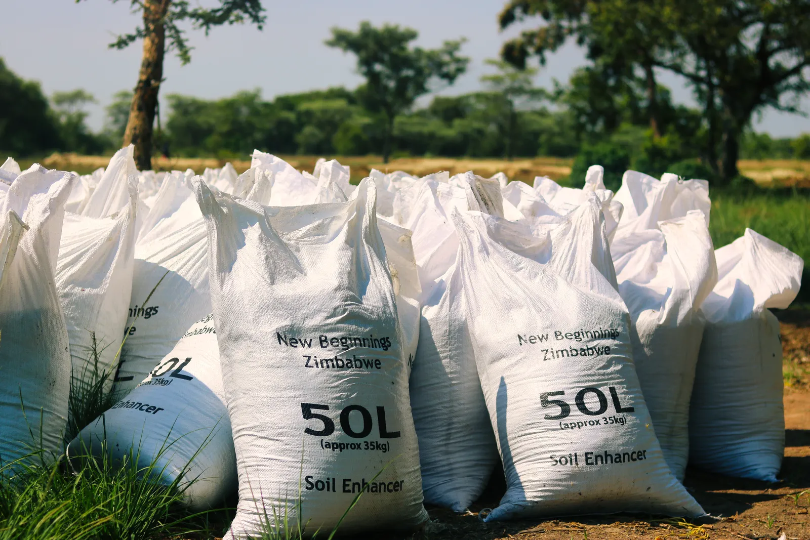Bagged Soil Enhancer, a natural fertiliser co-developed with New Beginnings Zimbabwe, staged in the field